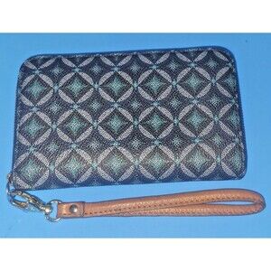 Fossil Sydney Signature Fan Blue Diamond Zip Around Leather  Wallet Wristlet